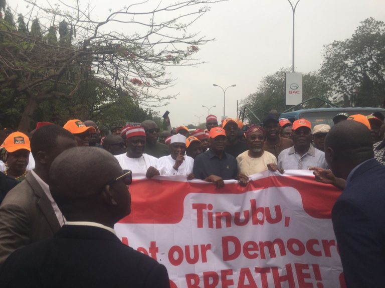 #OccupyINEC: Atiku, Obi, Kwakwanso, others join ADC rally over derecognition of David Mark-led leadership, insist Amupitan must go